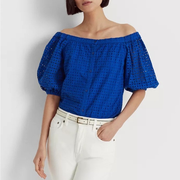 NWT Lauren Ralph Lauren Blue Eyelet Off-Shoulder Blouse - Size L - Picture 15 of 16